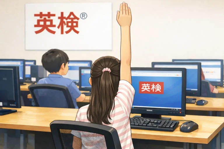 試験中に女の子が手を綺麗に上げている